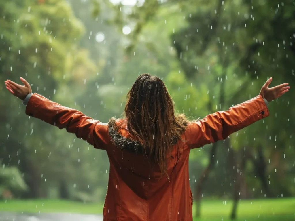 Person standing in the rain with arms outstretched