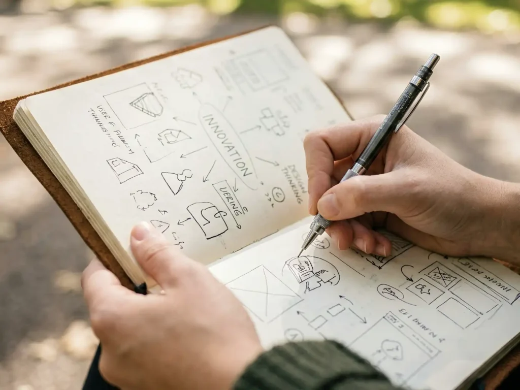 Person writing and making diagrams in a notebook