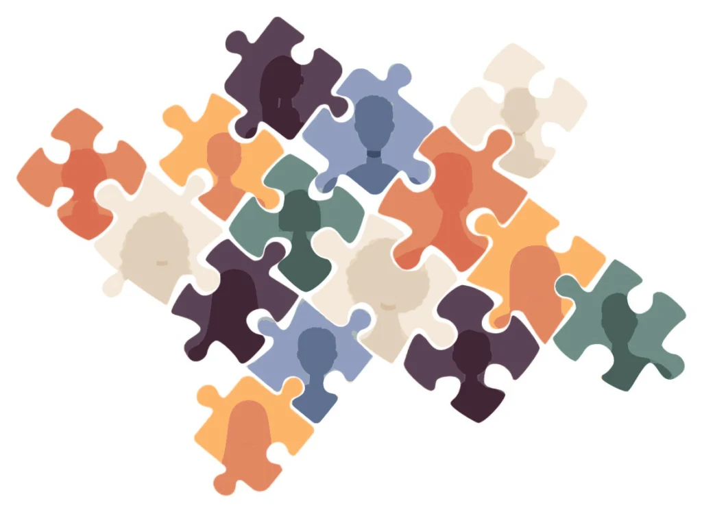 Jigsaw puzzle pieces, each showing the silhouette of a different person, fitting together
